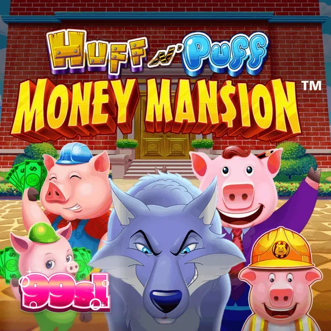 Tampilan visual slot Huff N Puff Money Mansion dengan karakter babi dan elemen mansion.